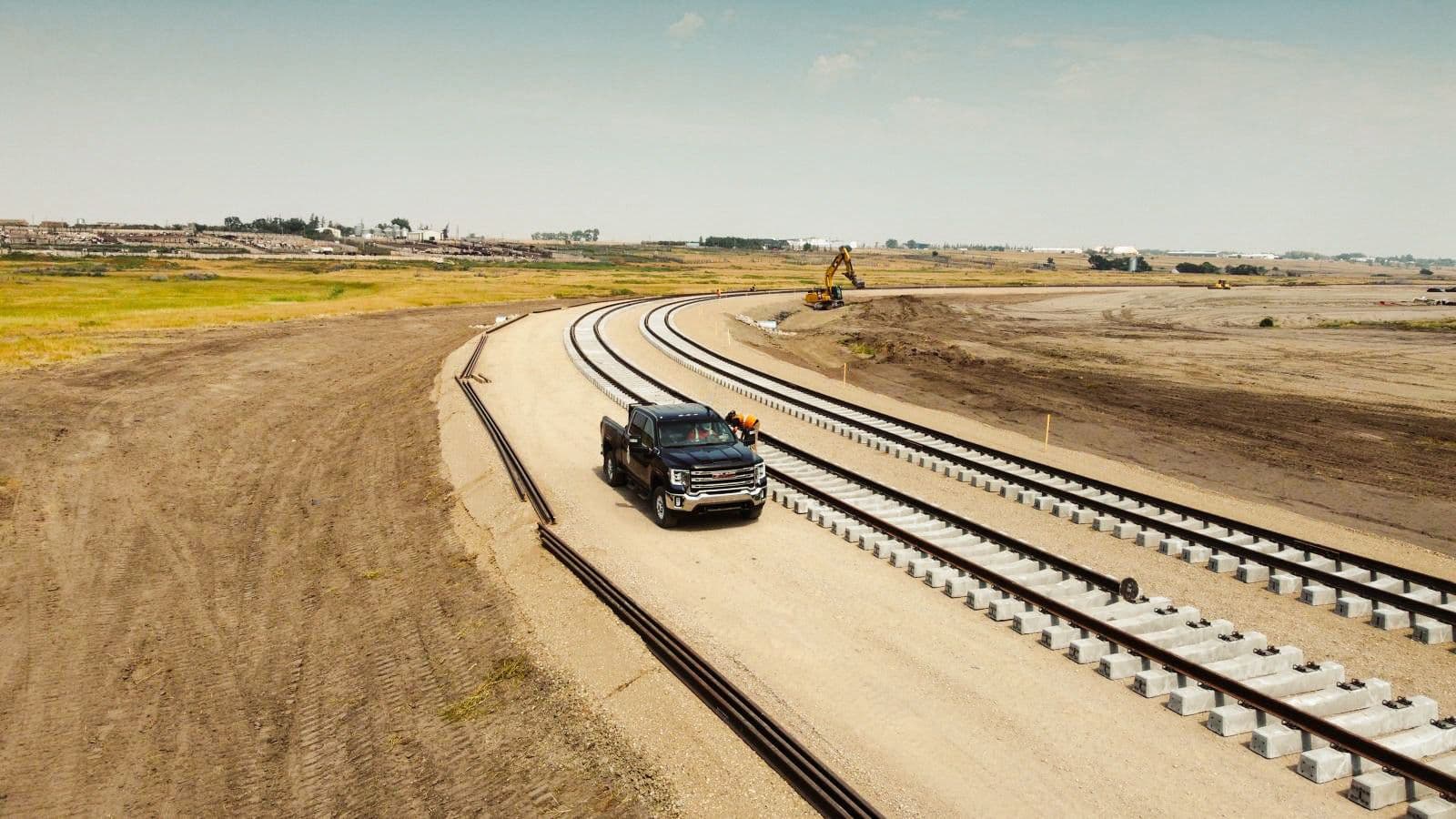 Aerial view of new railway track construction in Western Canada